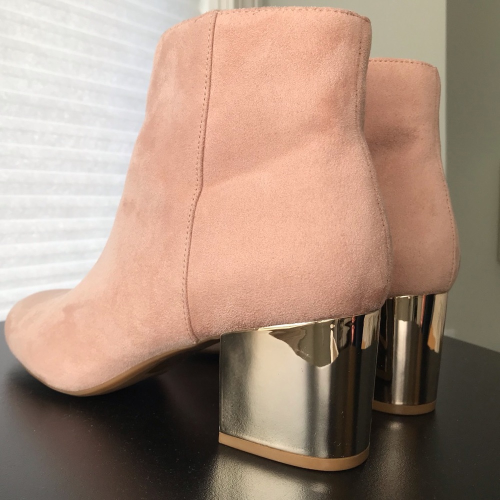 ALDO light pink faux suede bootie gold block heel